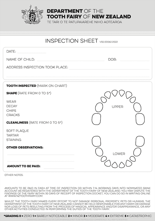 Tooth Fairy of NZ Inspection Sheet 1